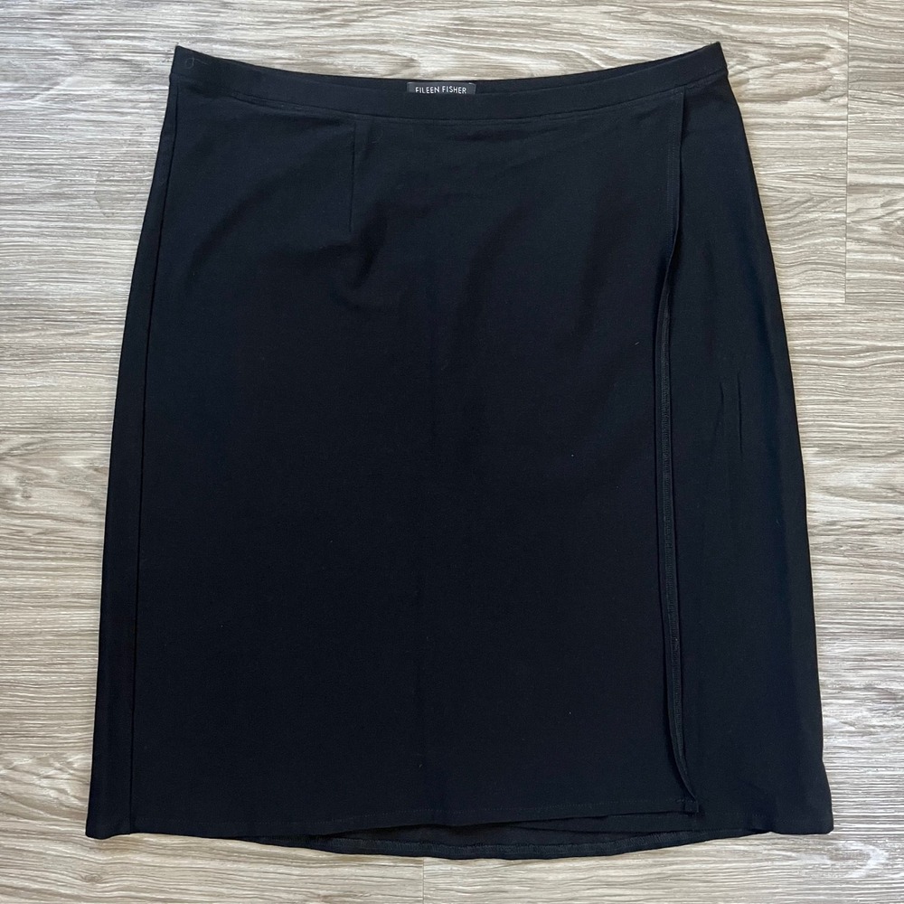 Eileen Fisher Black Wrap Front Stretch Jersey Skirt Small Minimalist Office Wear
